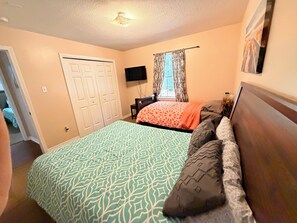 Een slaapkamer met twee bedden, een televisie, een raam met gordijnen en een deur.