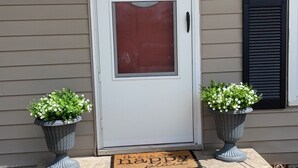 Puerta principal con un panel de vidrio, un buzón y el número 809. Hay dos macetas a cada lado de la puerta.