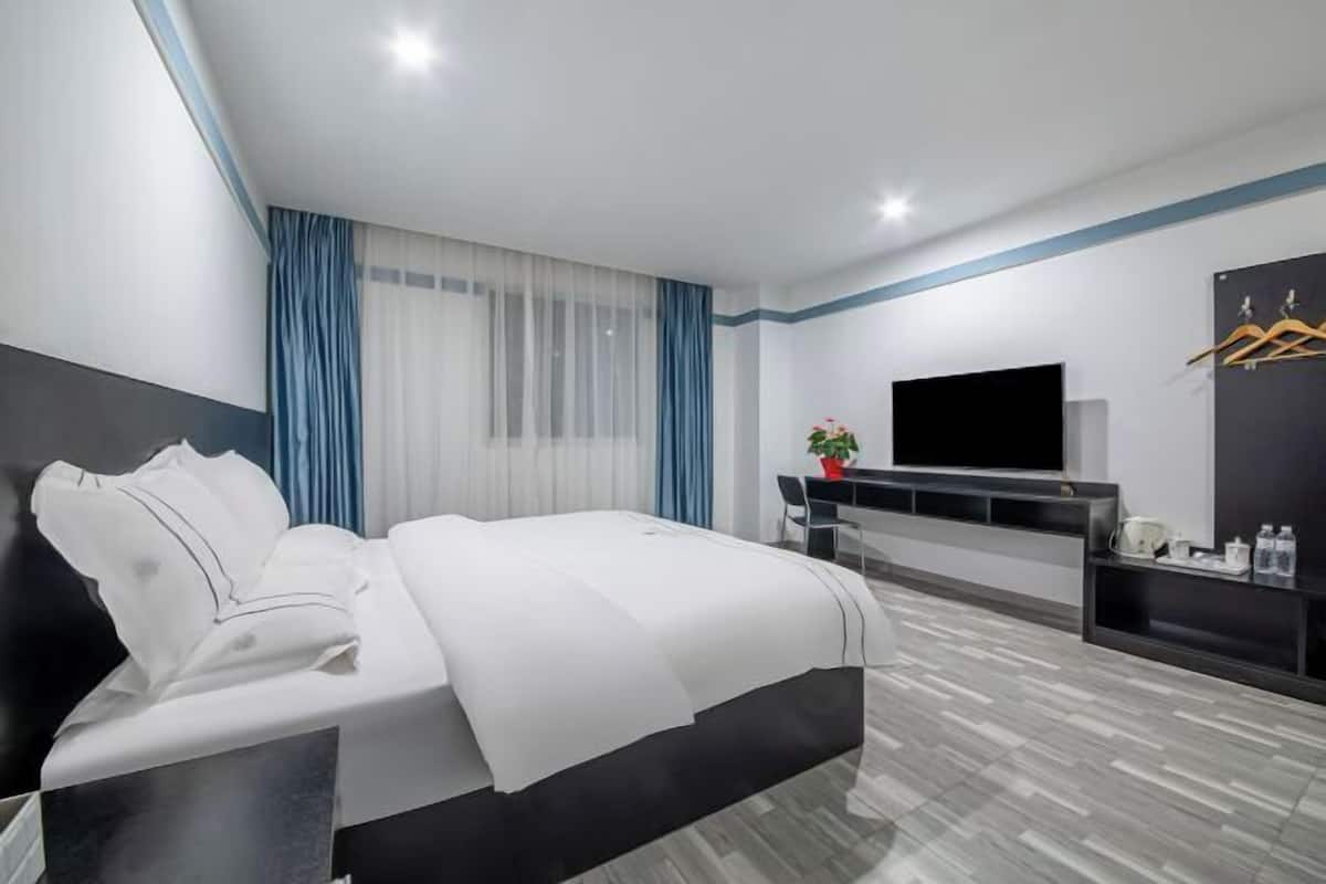 A modern hotel room with a large bed, a flat-screen TV, a desk, and a seating area with a plant.