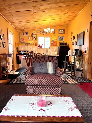 A cozy living room with a patterned sofa, a dining area with a table and chairs, and a kitchen with a refrigerator and microwave.