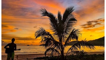 Nära stranden, solstolar och strandhanddukar