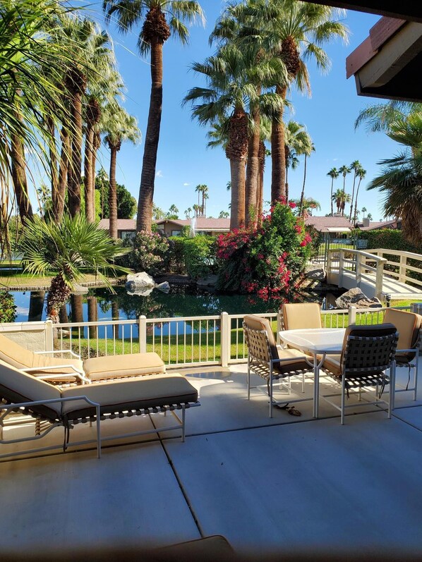 A patio area with lounge chairs and a table, surrounded by palm trees and a view of a building.