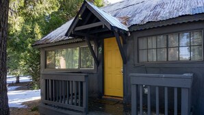 A cabin with a yellow door, a small porch, and a metal roof.