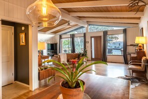 Älytelevisio, takka, DVD-soitin, pöytätennispöytä