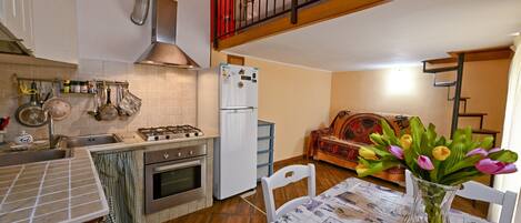 Fridge, oven, stovetop, coffee/tea maker