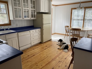 A kitchen with white cabinets, a refrigerator, a sink, and a dining area with chairs.