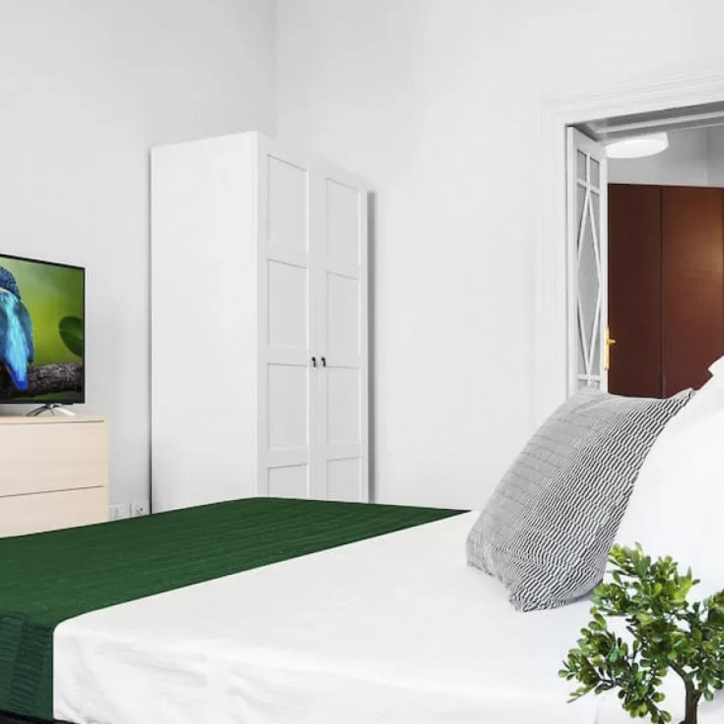 A hotel room with a bed, a television on a dresser, a wardrobe, and a small plant.