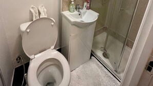 A bathroom with a toilet, sink, and glass shower enclosure.