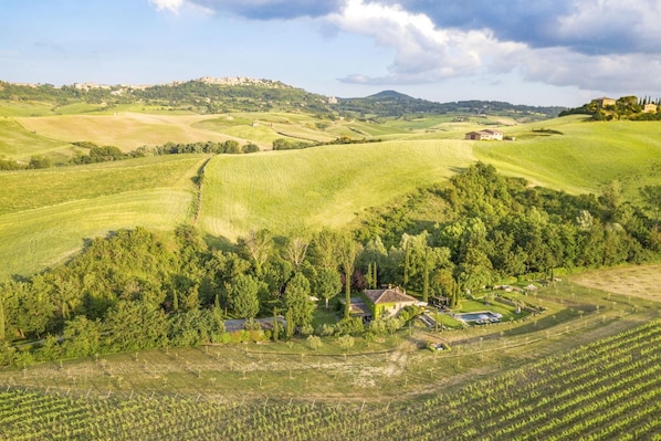 A rural landscape with rolling hills, vineyards, and a small village with traditional architecture.