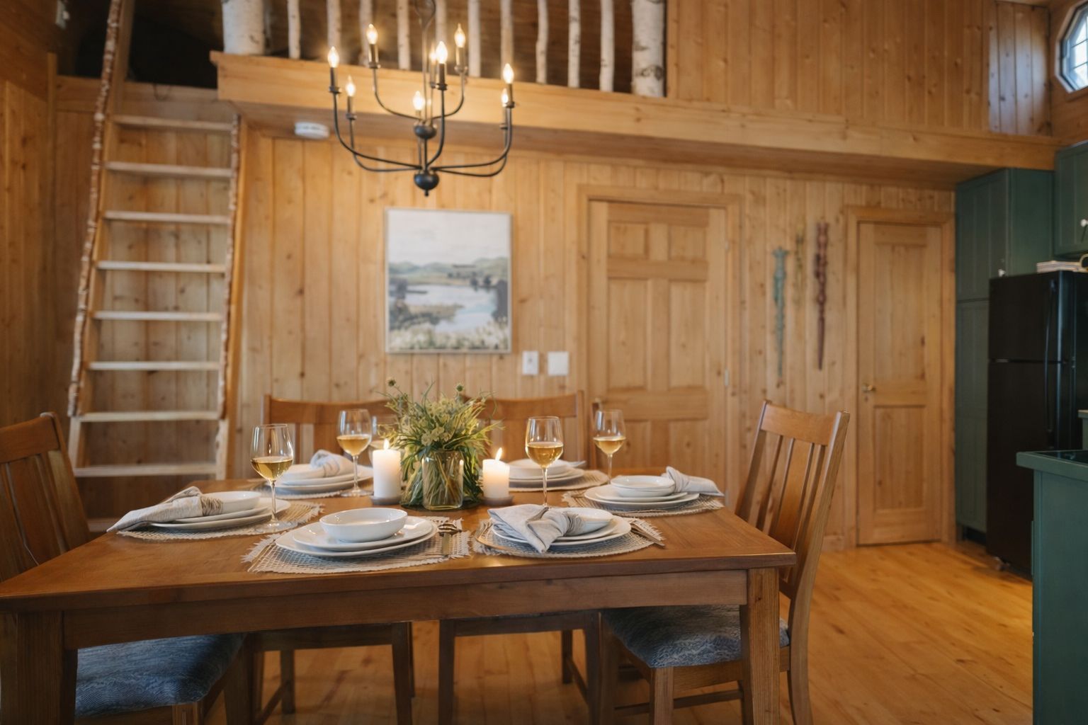 Comedor con una mesa de madera dispuesta para seis comensales, velas y una araña.