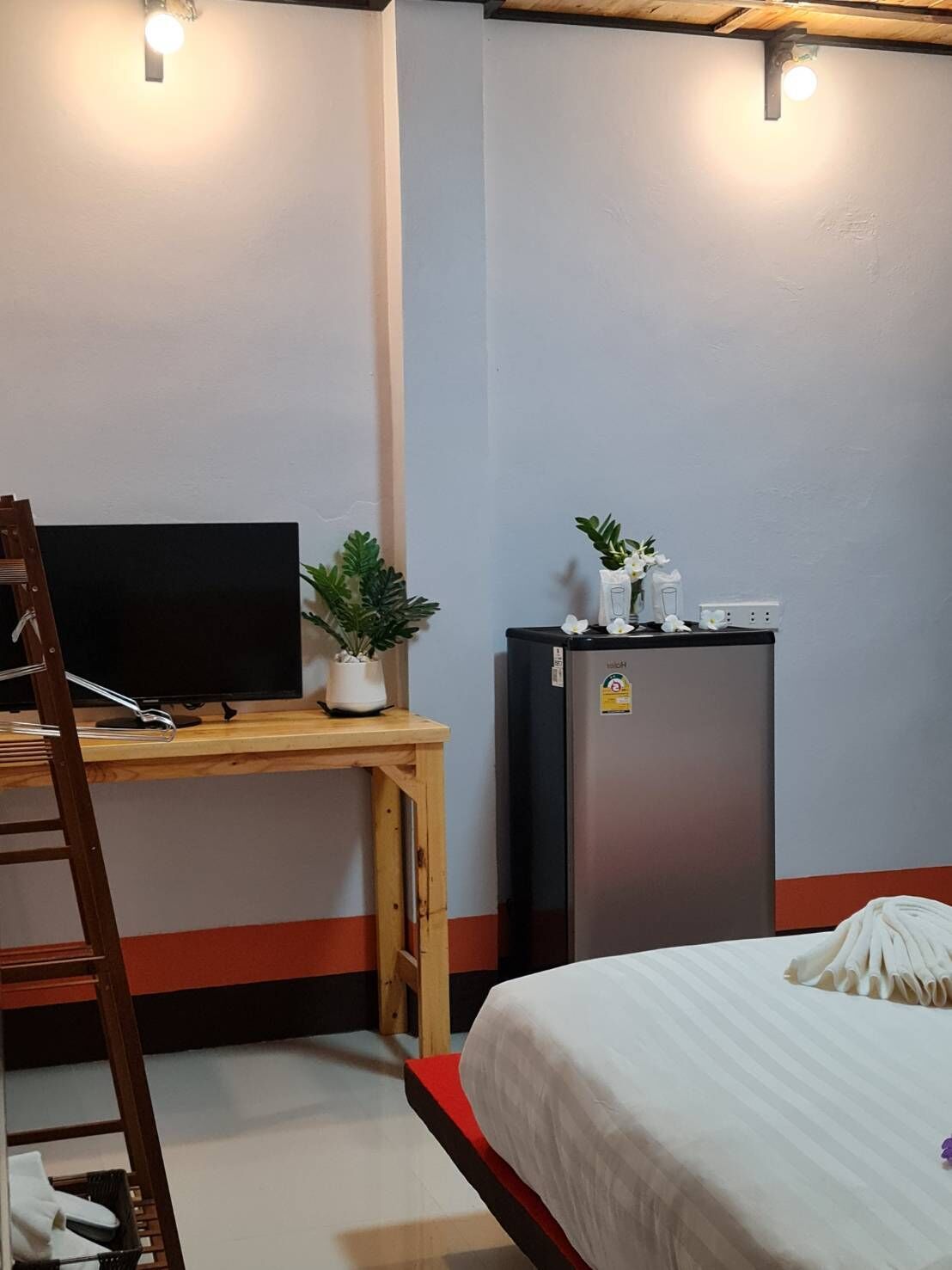 A room with a bed, a desk with a television, a refrigerator, and a potted plant.