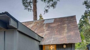 A small, single-story building with a yellow door and a metal roof. - Cabin #9 - The Perch at Twin Peaks (Twin Peaks)