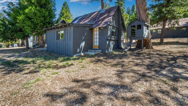 A small, rustic cabin with a metal roof, surrounded by trees and a clear sky. - Cabin #9 - The Perch at Twin Peaks (Twin Peaks)