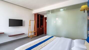 Habitación de hotel con cama, televisión montada en la pared, armario y un separador de vidrio.