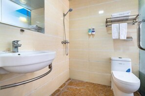 Une salle de bain avec un lavabo, des toilettes et une douche.