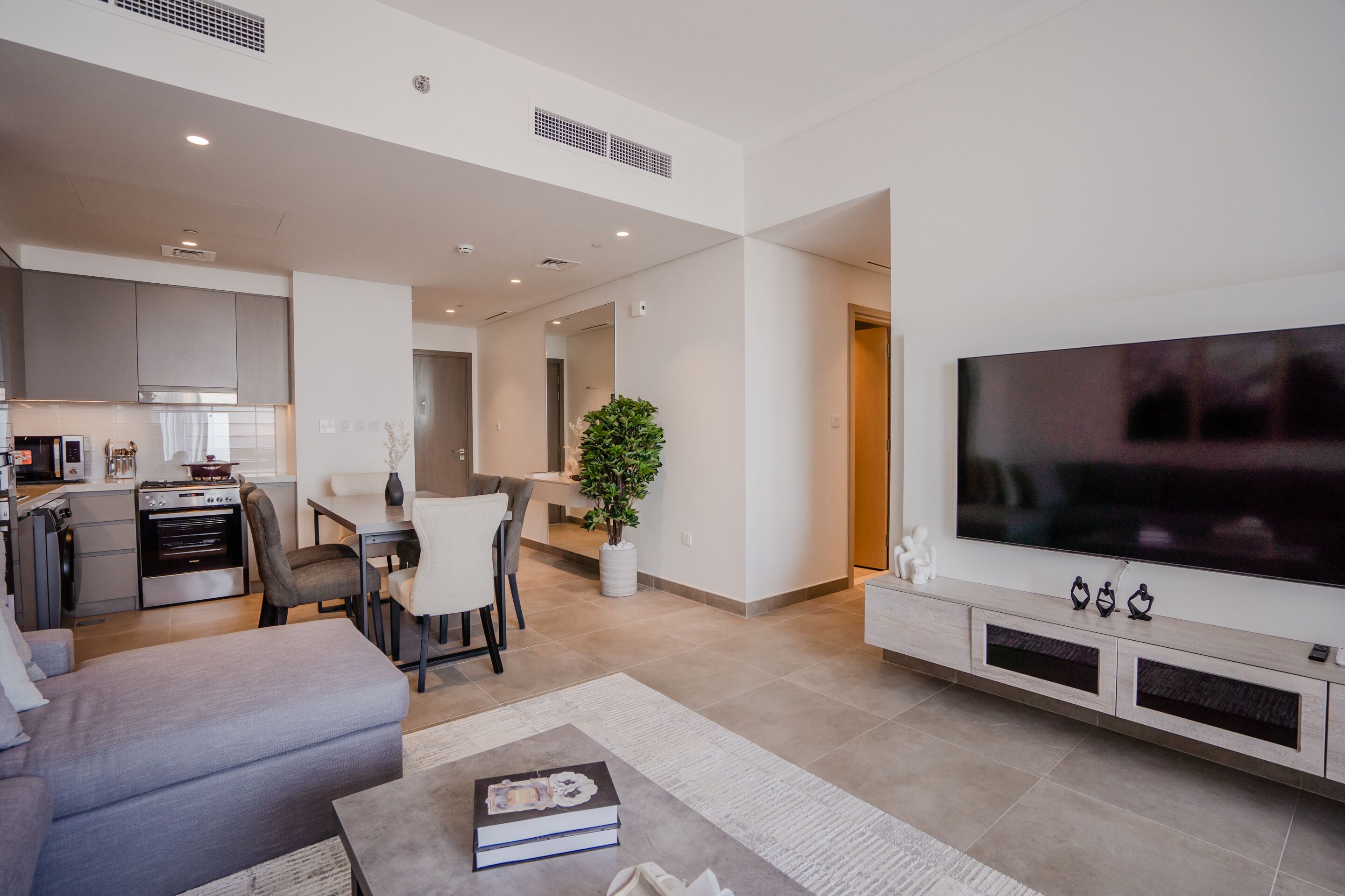 Een moderne woonkamer met een flatscreen televisie, een bank, een eethoek met stoelen, een keuken met apparatuur en een potplant.
