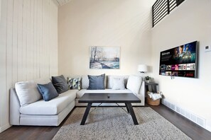 Smart TV, fireplace, foosball