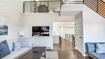 Smart TV, fireplace, foosball