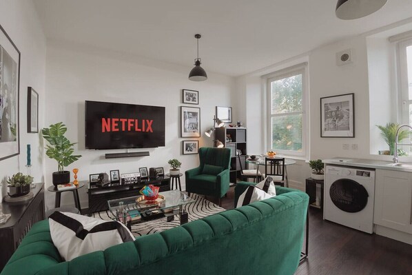 Flat-screen TV, books, streaming services