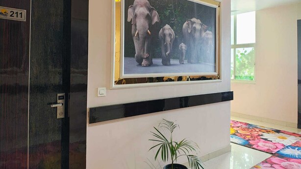 A hallway with a framed picture of elephants, a door labeled "211", and a potted plant. - Corbett View Banquets and Resorts (Moradabad)