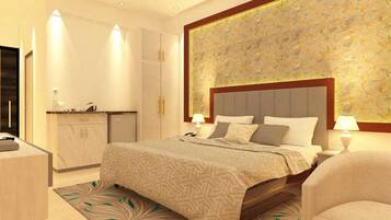 A modern hotel room with a large bed, bedside lamps, a built-in wardrobe, and a decorative wall.