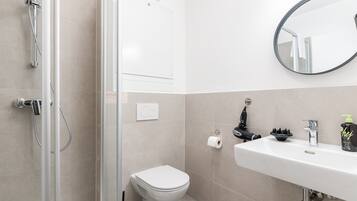 A modern bathroom with a shower, toilet, sink, and a mirror.