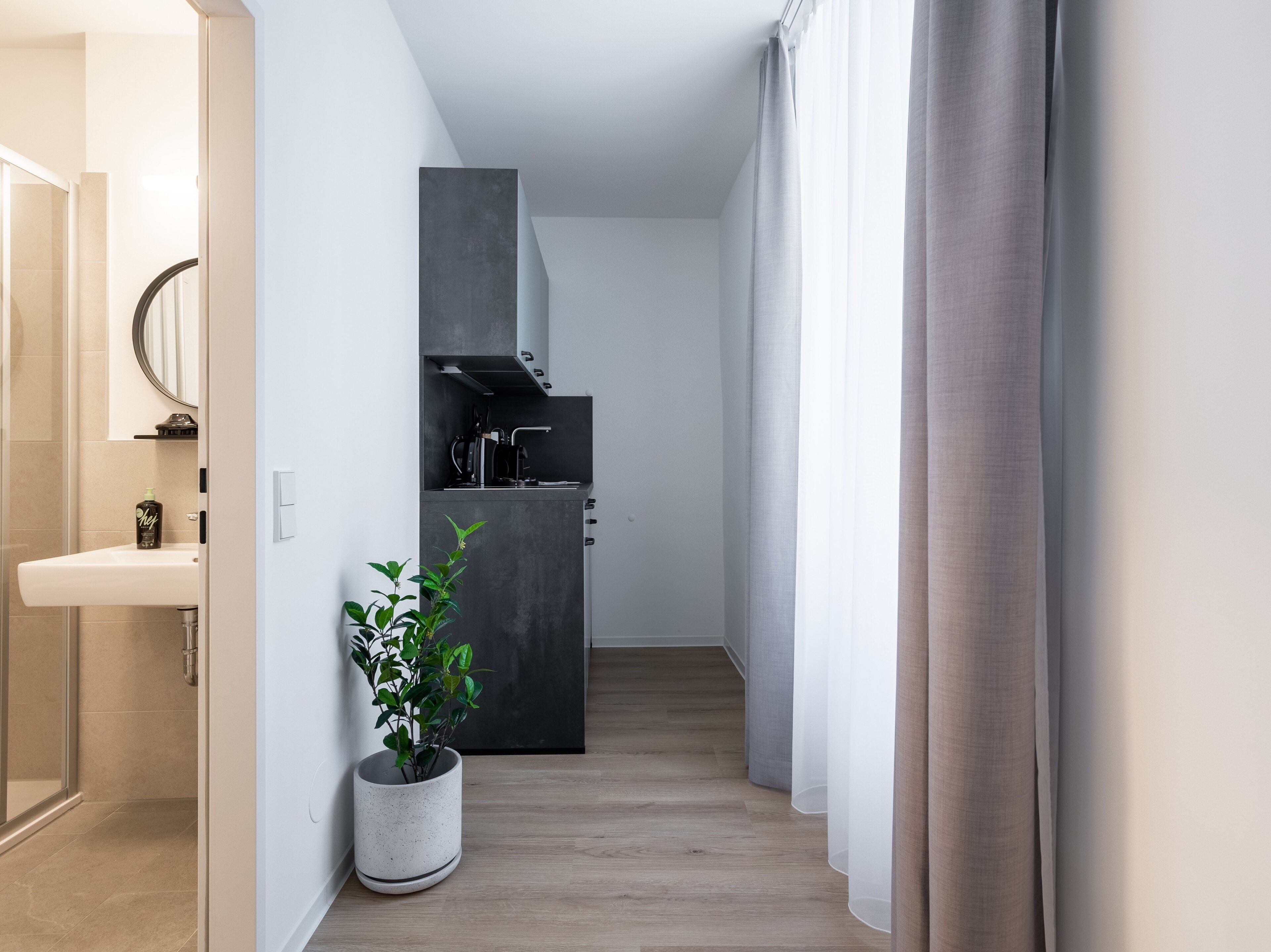 A modern apartment with a bathroom, a kitchenette, and a living area.