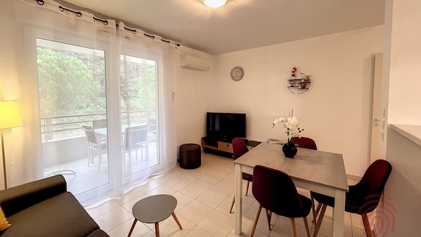 A dining area with a table, chairs, a sofa, and a TV. - Charming 1BR Apt with Large Terrace, A/C, WiFi, Near Town Center & Spa, Pet-Friendly! (Lamalou-les-Bains)