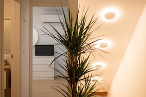 A modern interior with a potted plant, recessed ceiling lights, and a flat-screen TV mounted on a white wall. - GuestHost - Ca' dei Sogni (Montagnana)