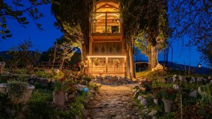 Eine Holzhütte mit einem Balkon, umgeben von Felsen und Pflanzen, im Abenddämmerung.
