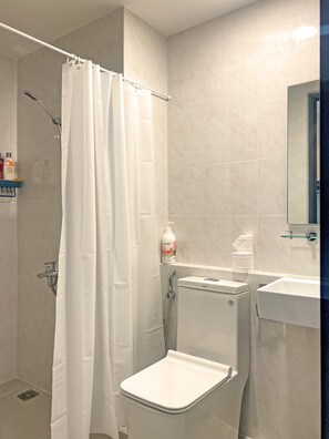 Douche, sèche-cheveux, bidet, serviettes fournies