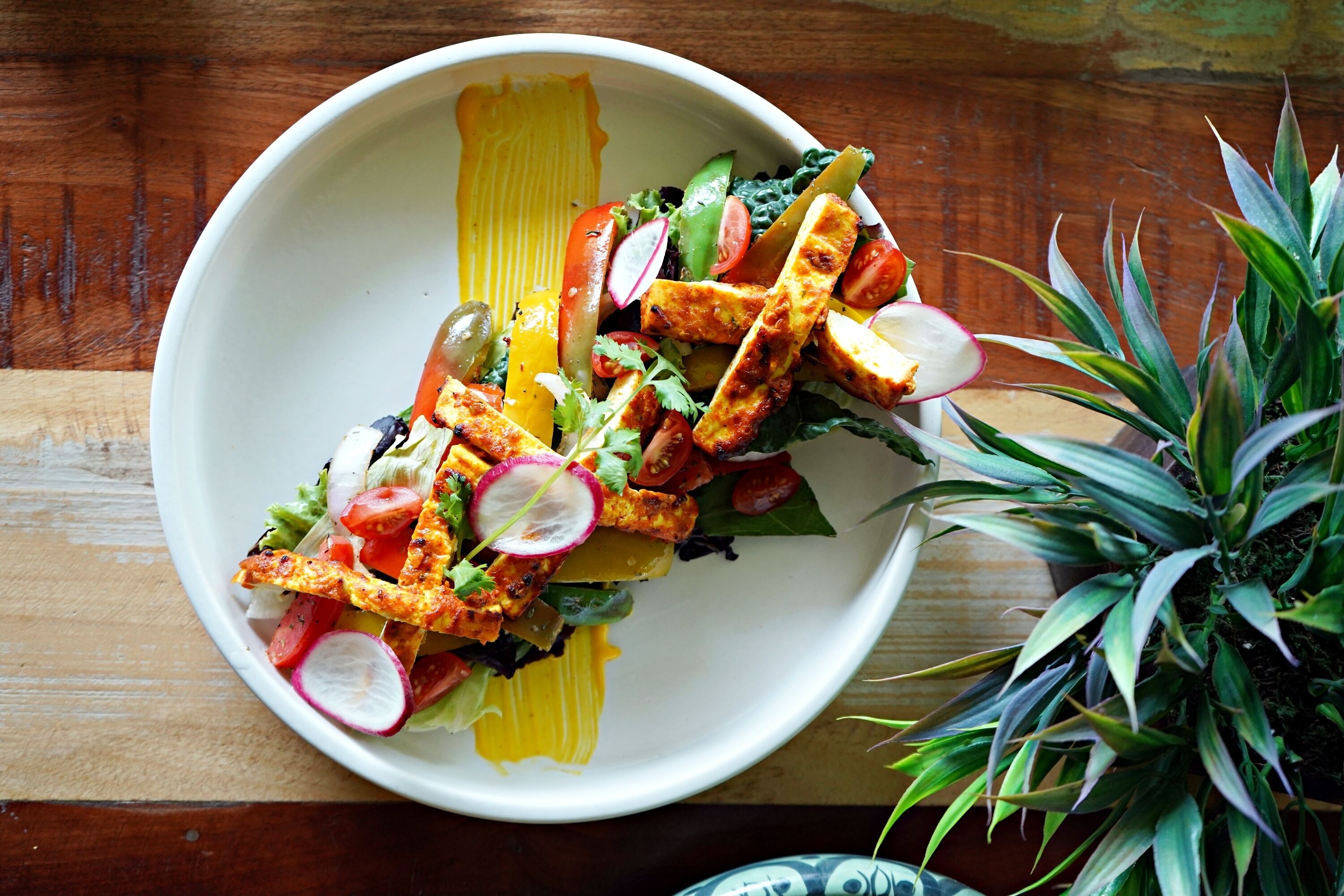 A bowl of salad with grilled chicken, vegetables, and a yellow dressing on a wooden table.