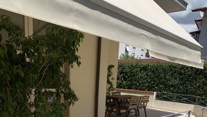 Une terrasse sur le toit, avec une table et des chaises, un pot de fleurs et une rambarde en métal.