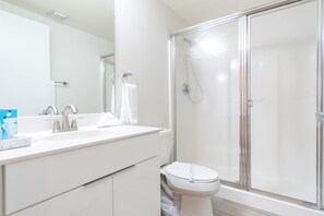 Combined shower/bathtub, jetted bath, hair dryer, bidet