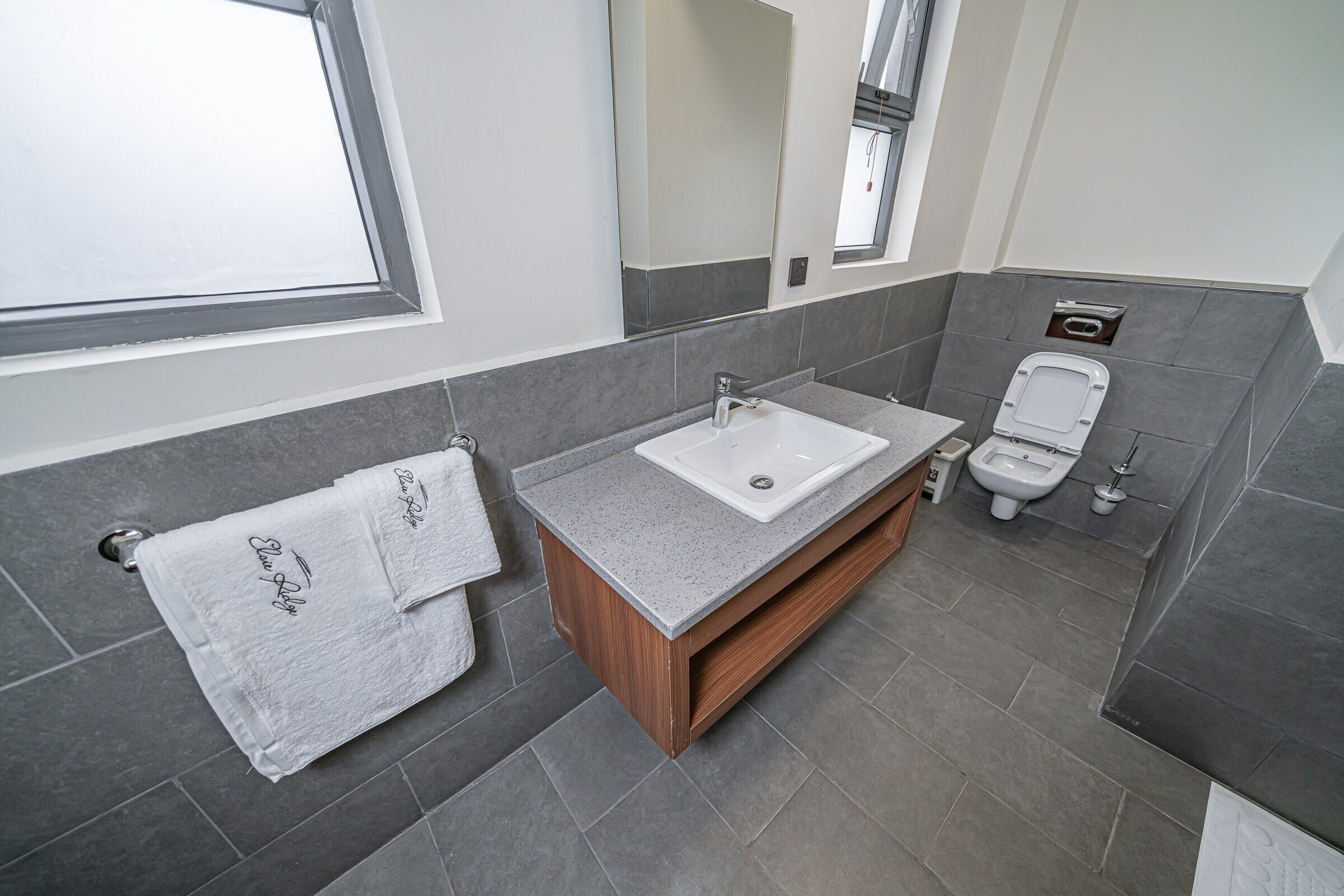 A modern bathroom with a large window, a sink, and a bidet.