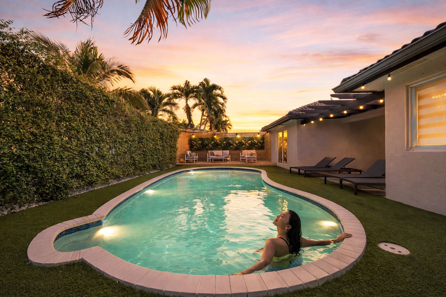 Una piscina con una persona nadando, rodeada de follaje y un edificio con terraza.