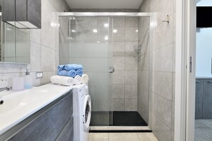 Chuveiro, secador de cabelo, toalhas de banho 