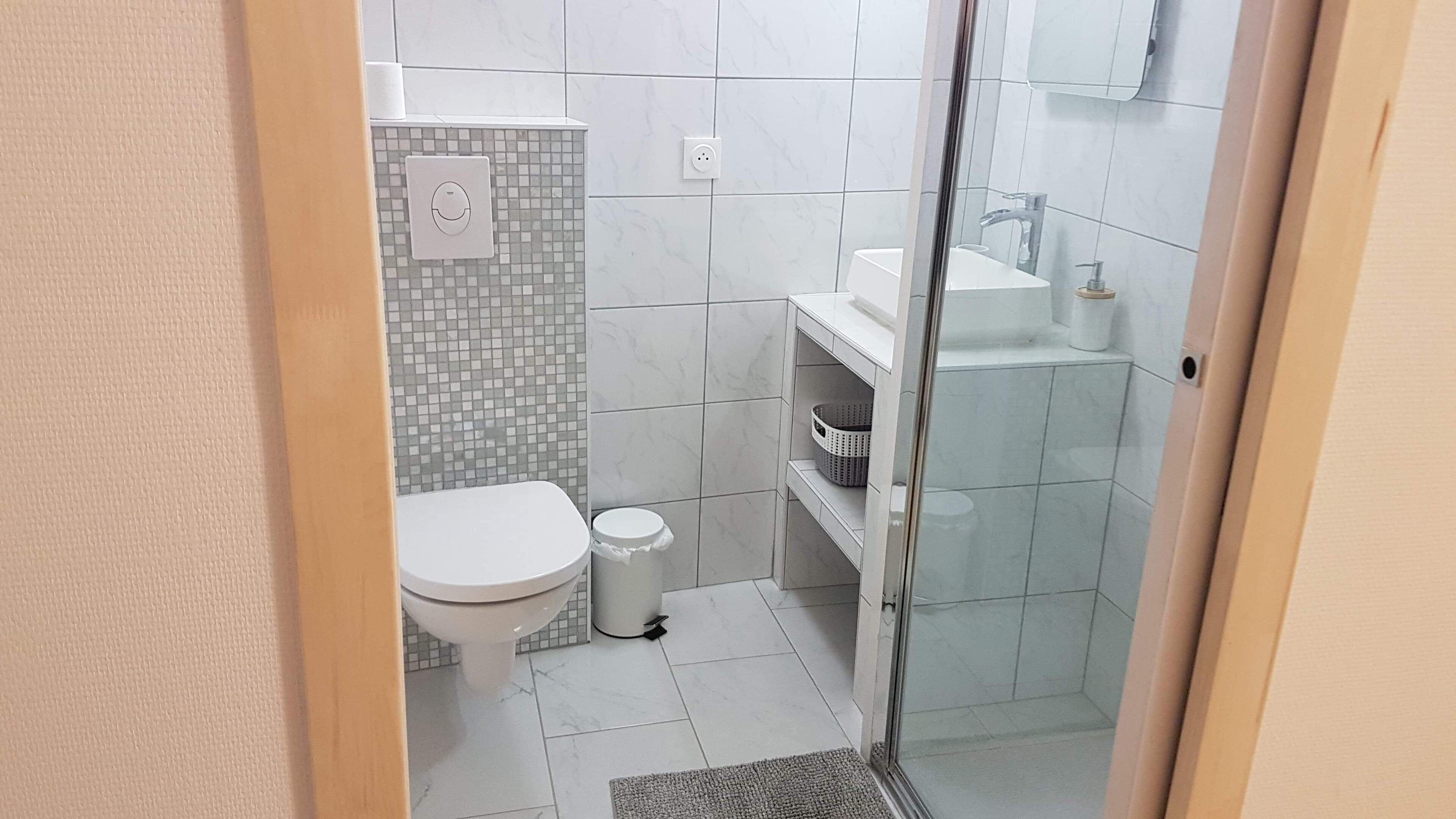 Pieni, moderni kylpyhuone, jossa on wc, pesuallas ja suihku.