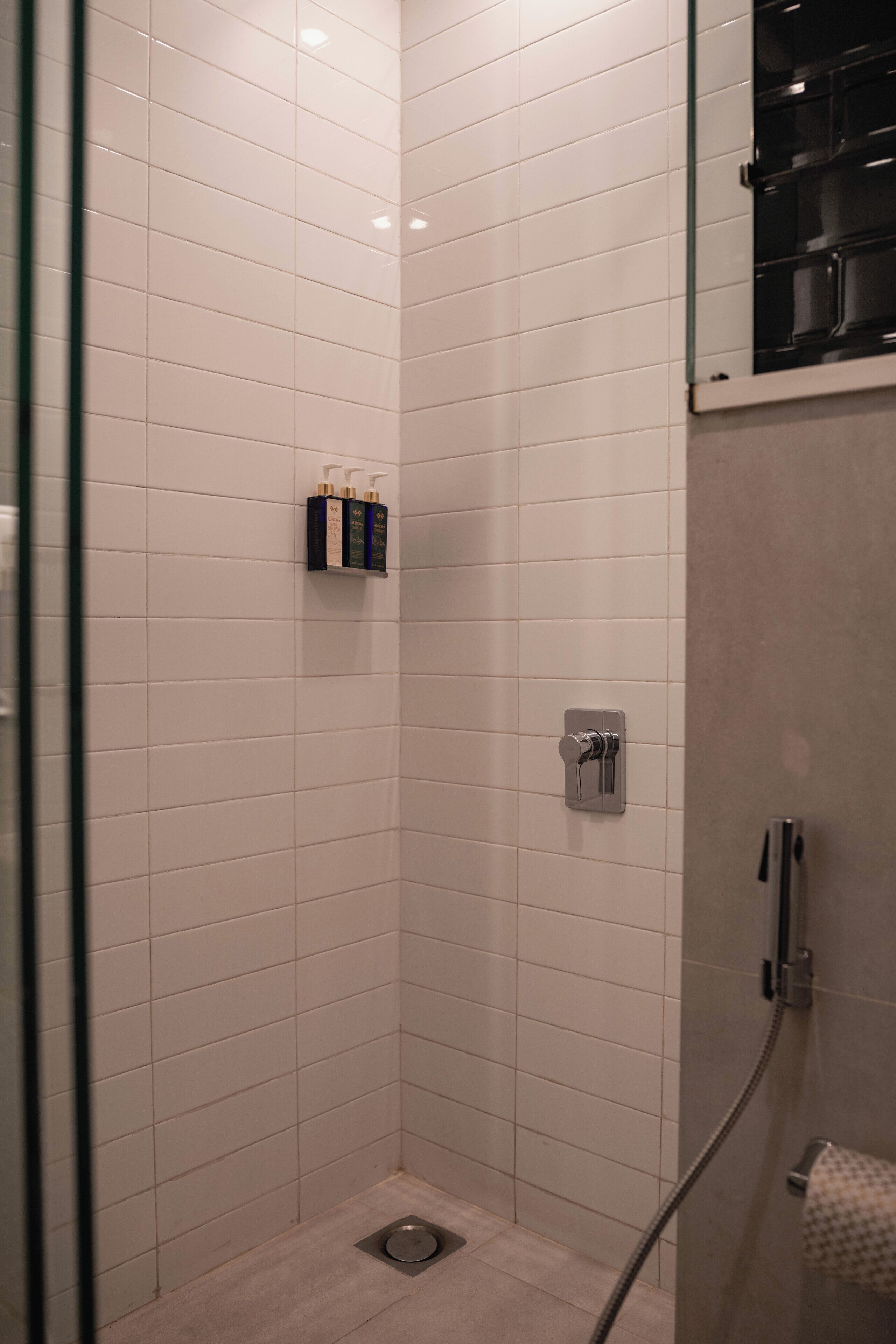 A small, tiled shower room with a glass door, a showerhead, and a towel rack.