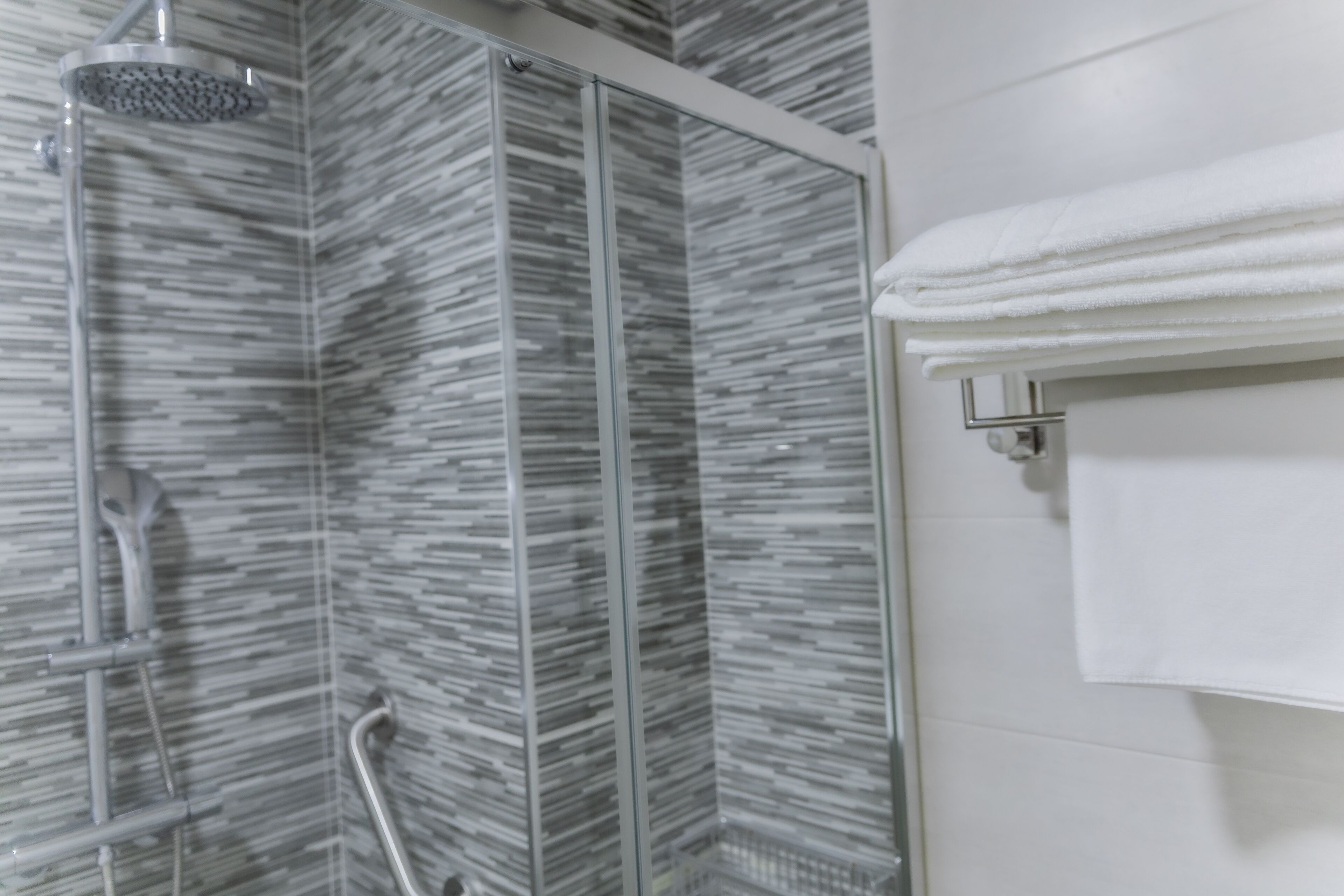 Ducha con puerta de cristal, cabezal de ducha manual y toallero con una toalla doblada.