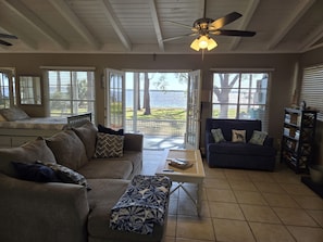 Smart TV, fireplace, DVD player, books