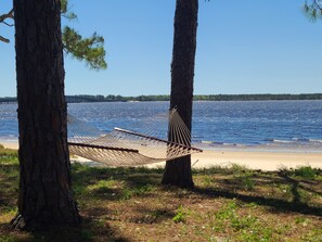 On the beach, sun-loungers, beach towels