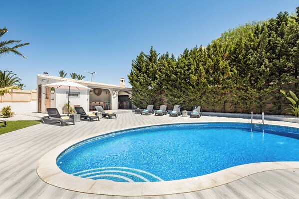 Indoor pool, a heated pool, pool loungers