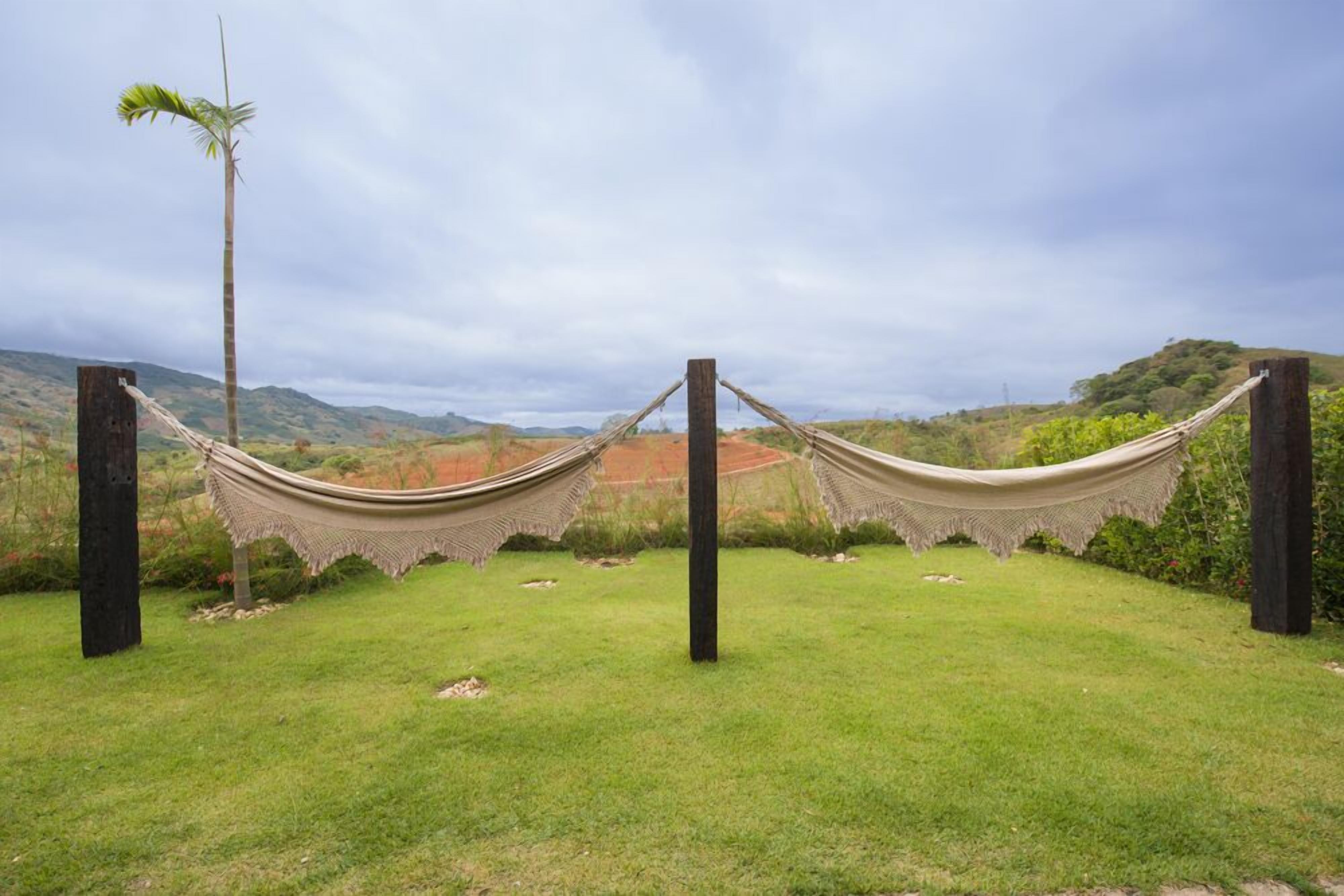 A hammock set up between two wooden posts in a grassy area with a view of hills and a palm tree in the background.