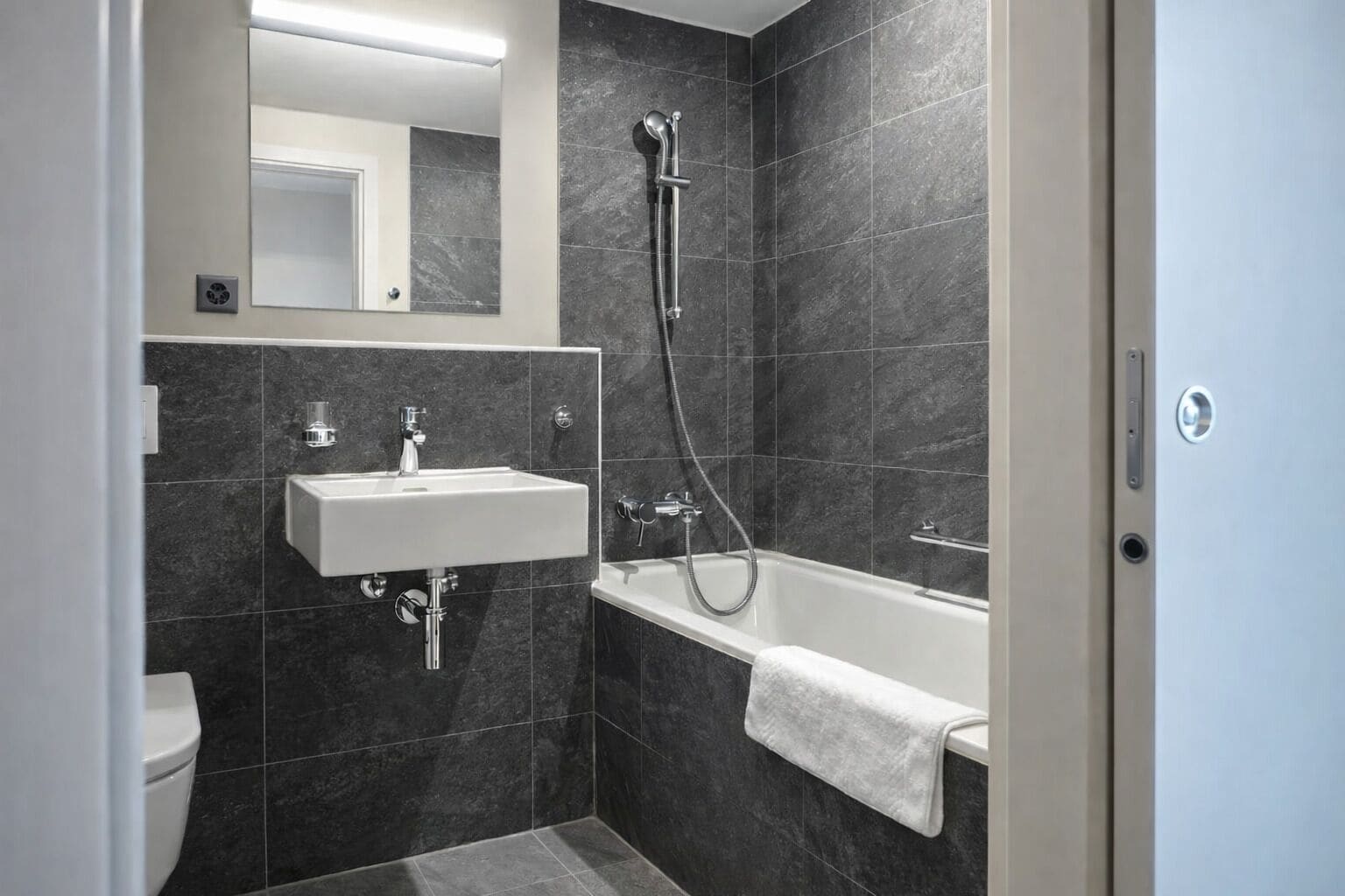 Uma casa de banho moderna com lavatório, espelho, chuveiro e banheira.