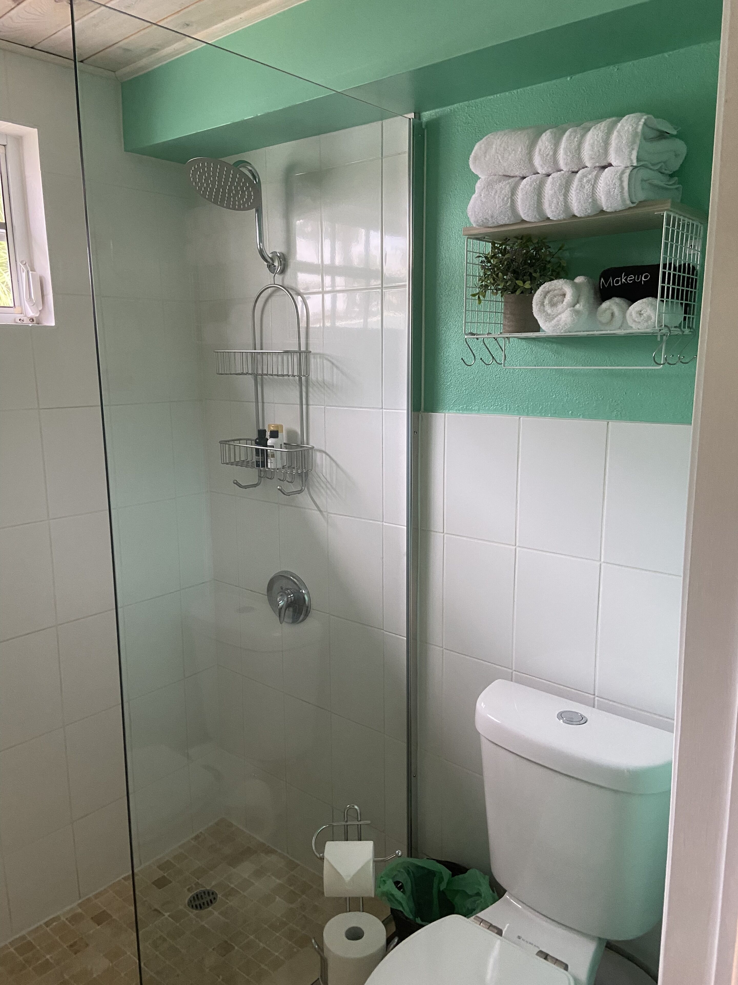 A bathroom with a glass-enclosed shower, a toilet, and a shelf with towels and toiletries.