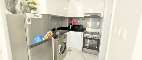 Fridge, microwave, dishwasher