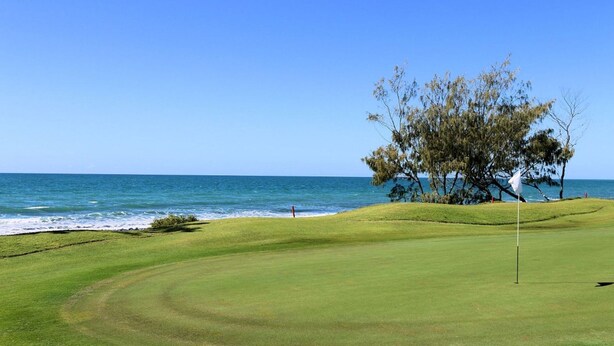 A golf course with a flagstick, ocean view, and a large tree.