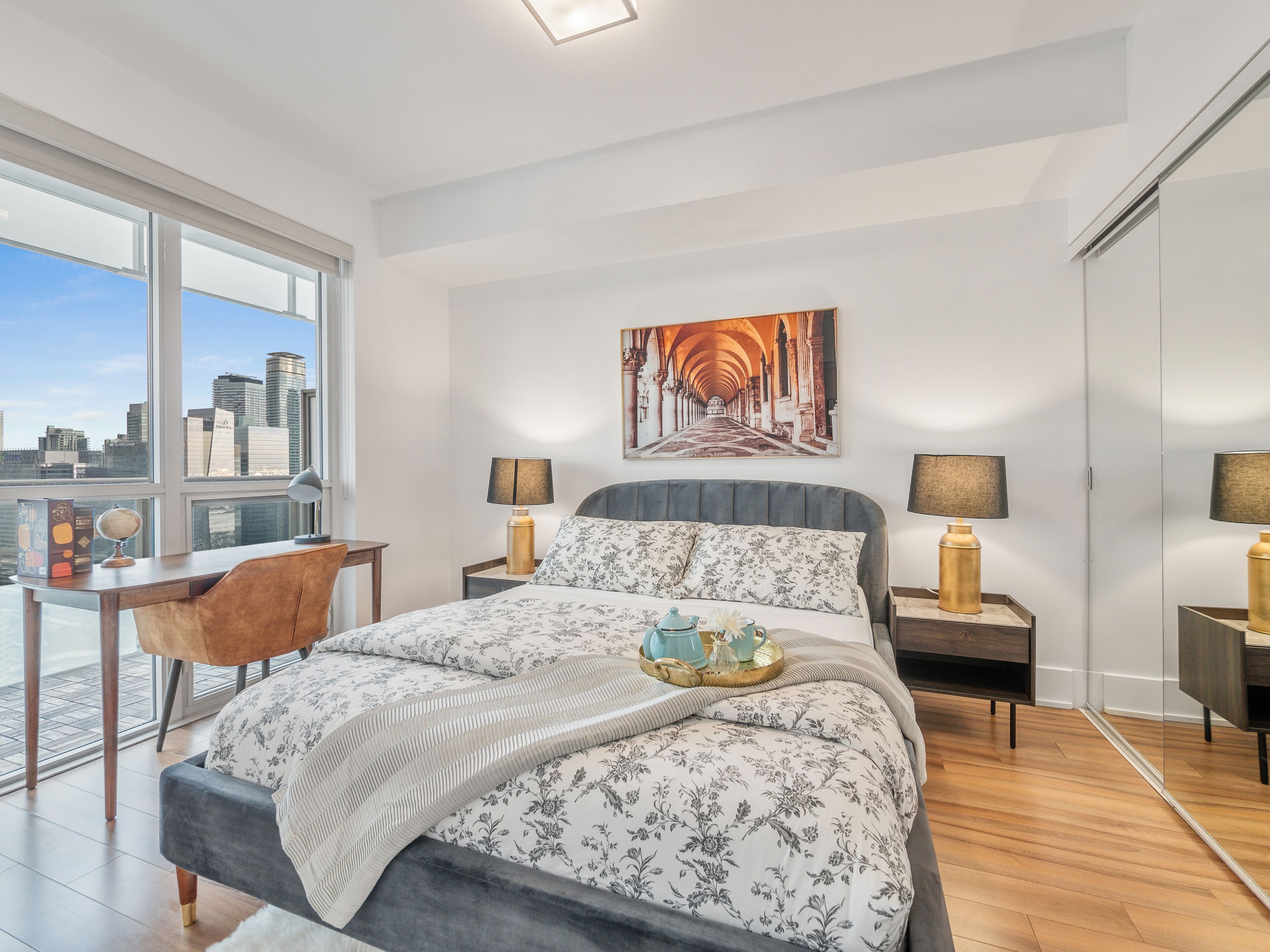 Individually decorated, individually furnished, desk, laptop workspace