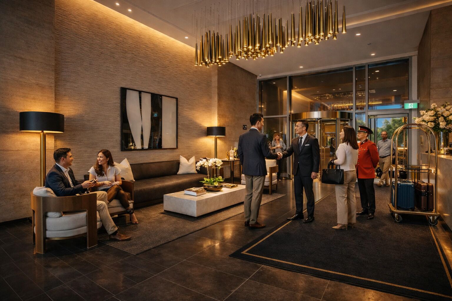 Eine Hotelhalle mit Empfangstresen, Sitzgelegenheiten und einem modernen Kronleuchter.